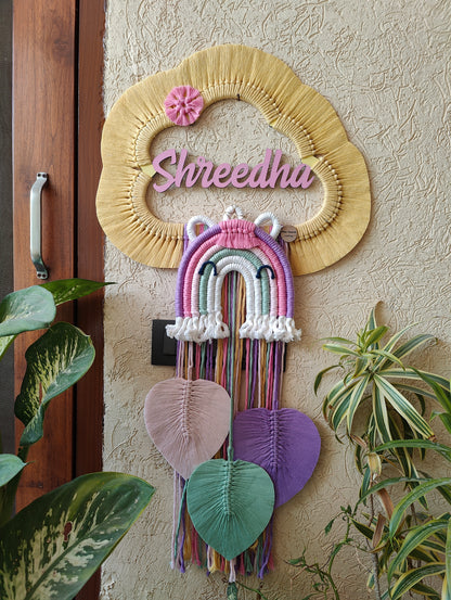 Macrame - Kids Name Plate Cloud with Unicorn Rainbow