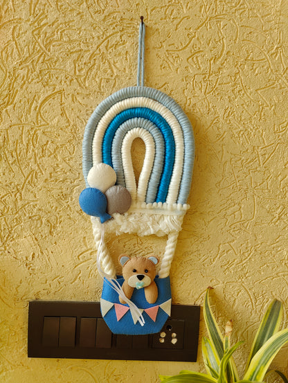 Macrame Hot Air Balloon with Bear in Basket Nameboard