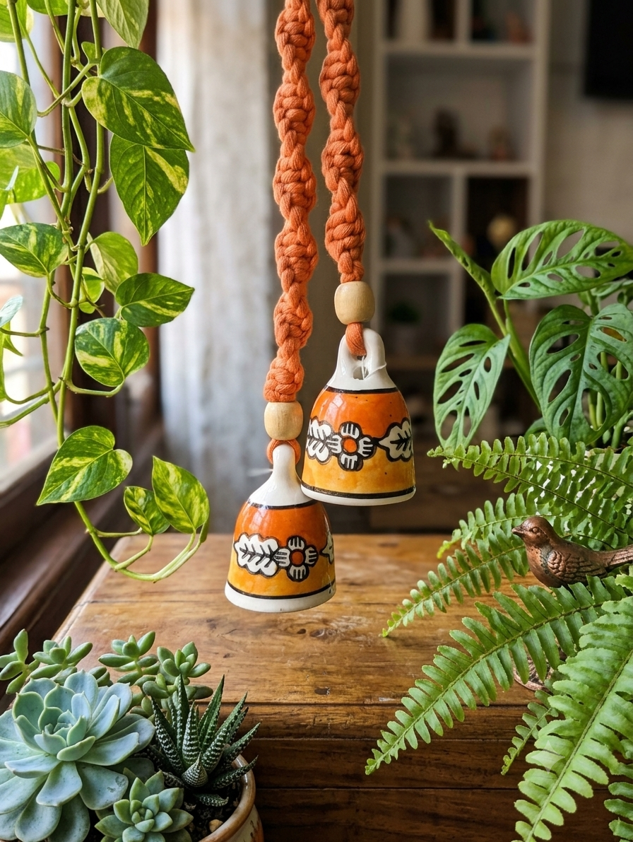 Macrame Ceramic Bells (3 Inch) Yellow Orange - Set of 2