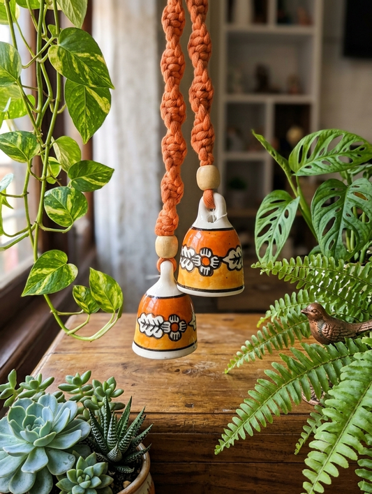 Macrame Ceramic Bells (3 Inch) Yellow Orange - Set of 2