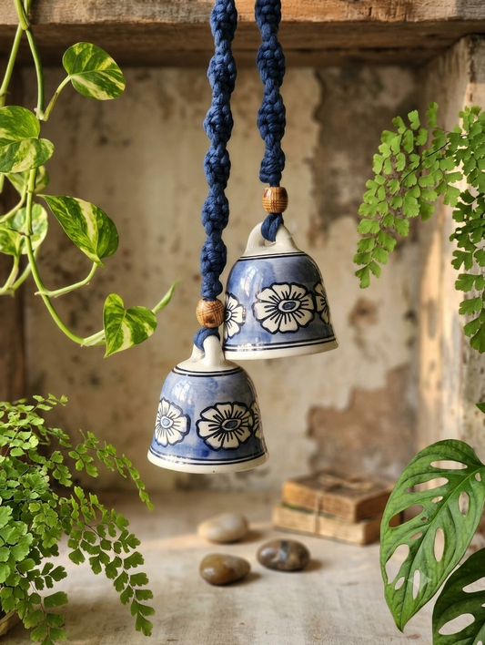 Macrame Ceramic Bells (4 Inch) Navy Blue Floral - Set of 2
