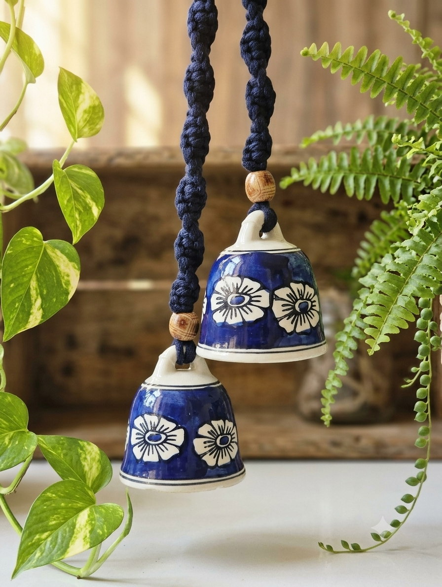 Macrame Ceramic Bells (4 Inch) Royal Blue Floral - Set of 2