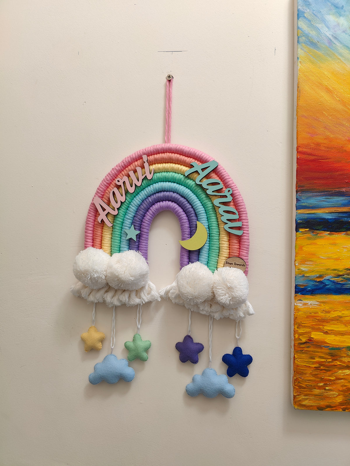 Macrame Nameboard - 7 Layer Rainbow with Felt Star and Moon Hangings