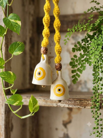 Macrame Ceramic Bells (3 Inch) Yellow Evil Eye - Set of 2