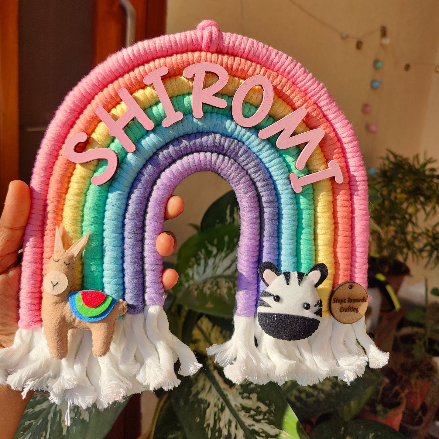 Macrame Nameboard -  Rainbow with Felt Animals