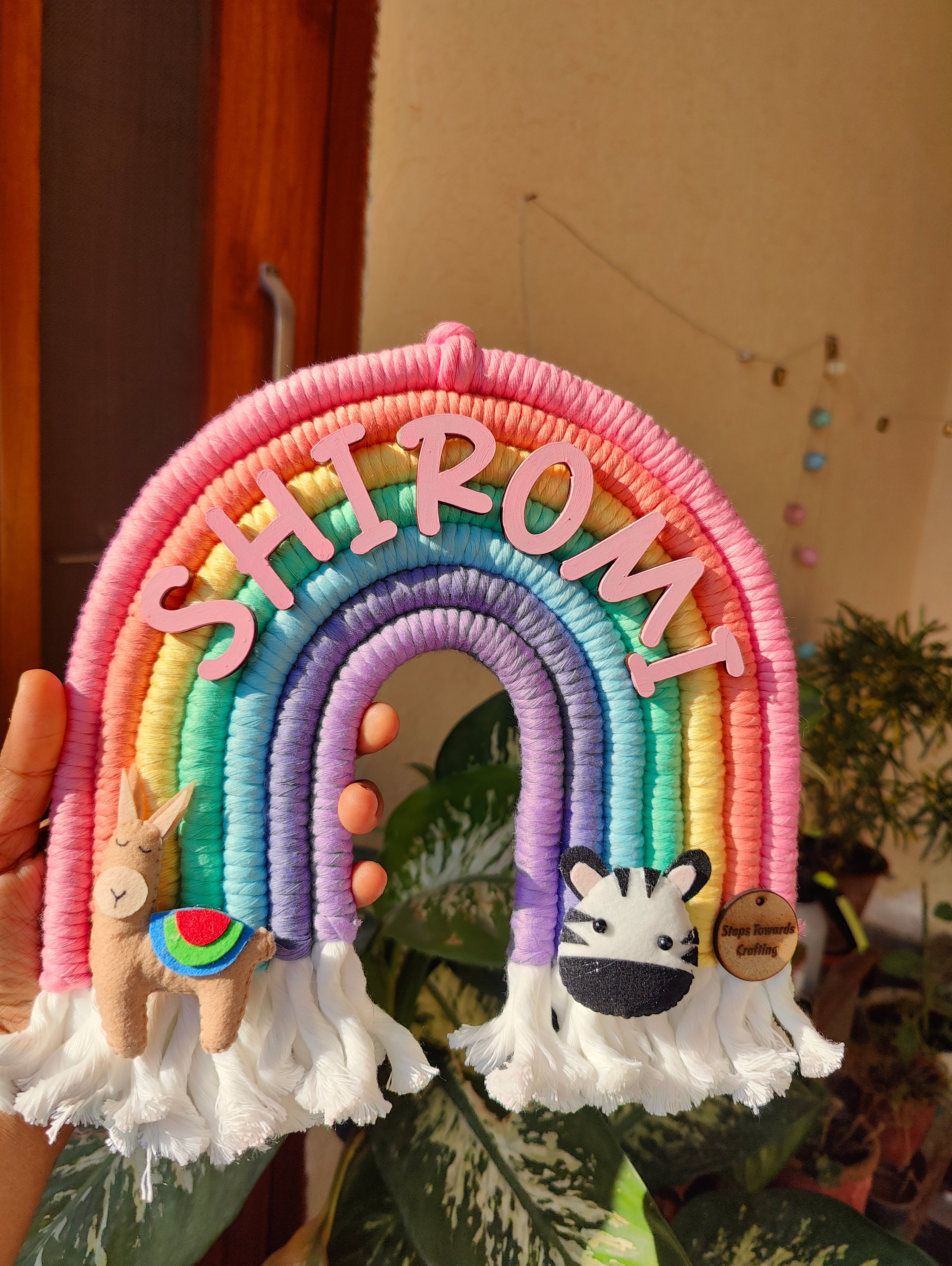Macrame Nameboard -  Rainbow with Felt Animals