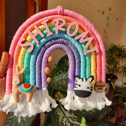 Macrame Nameboard -  Rainbow with Felt Animals