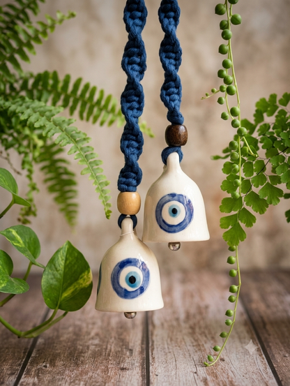 Macrame Ceramic Bells (3 Inch) Evil Eye - Set of 2