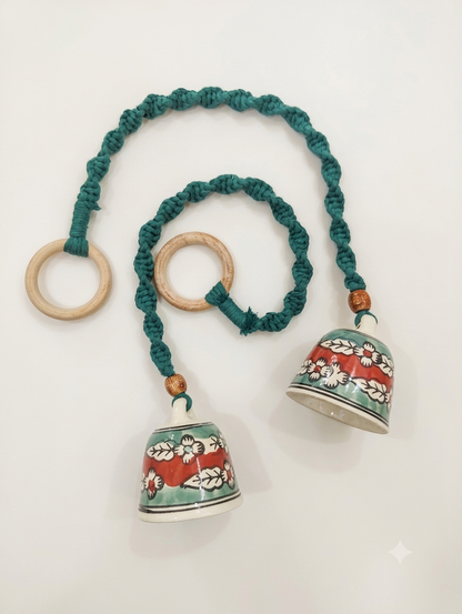 Macrame Ceramic Bells (4 Inch) Green Red - Set of 2