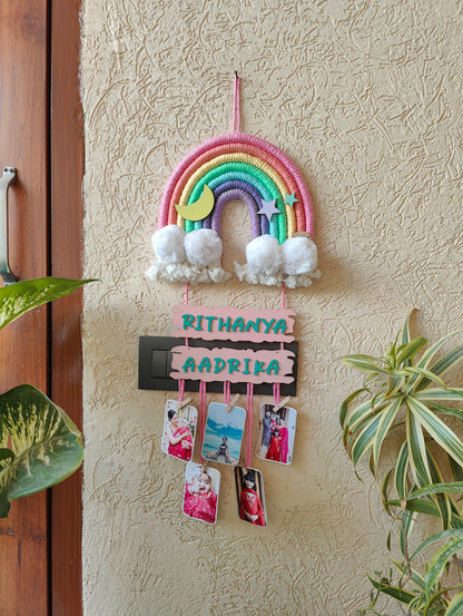 Macrame Nameboard - 7 Layer Rainbow with photo hangings