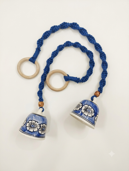 Macrame Ceramic Bells (4 Inch) Navy Blue Floral - Set of 2