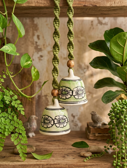 Macrame Ceramic Bells (4 Inch) Green Floral - Set of 2