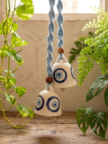 Macrame Ceramic Bells (4 Inch) Evil Eye - Set of 2