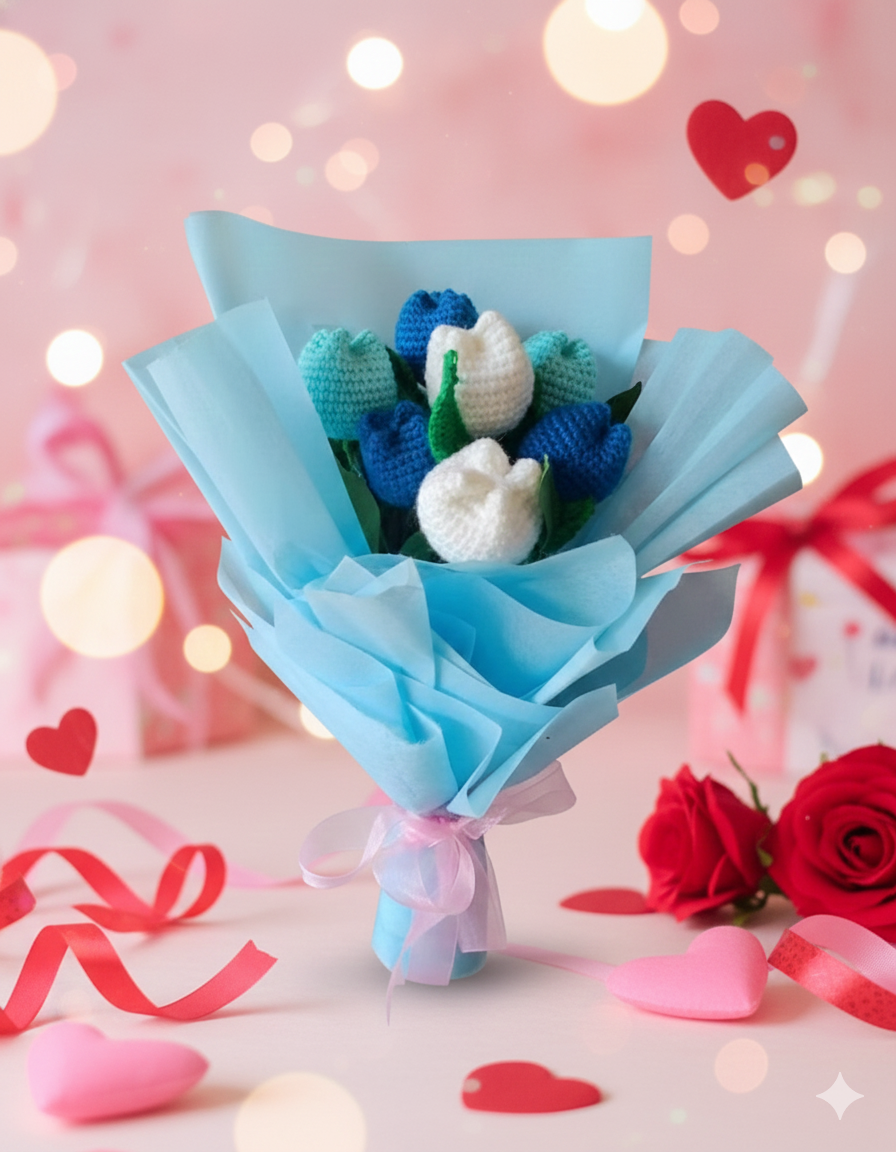 Blue Pearl Bouquet - Handmade Crochet Tulip Flowers