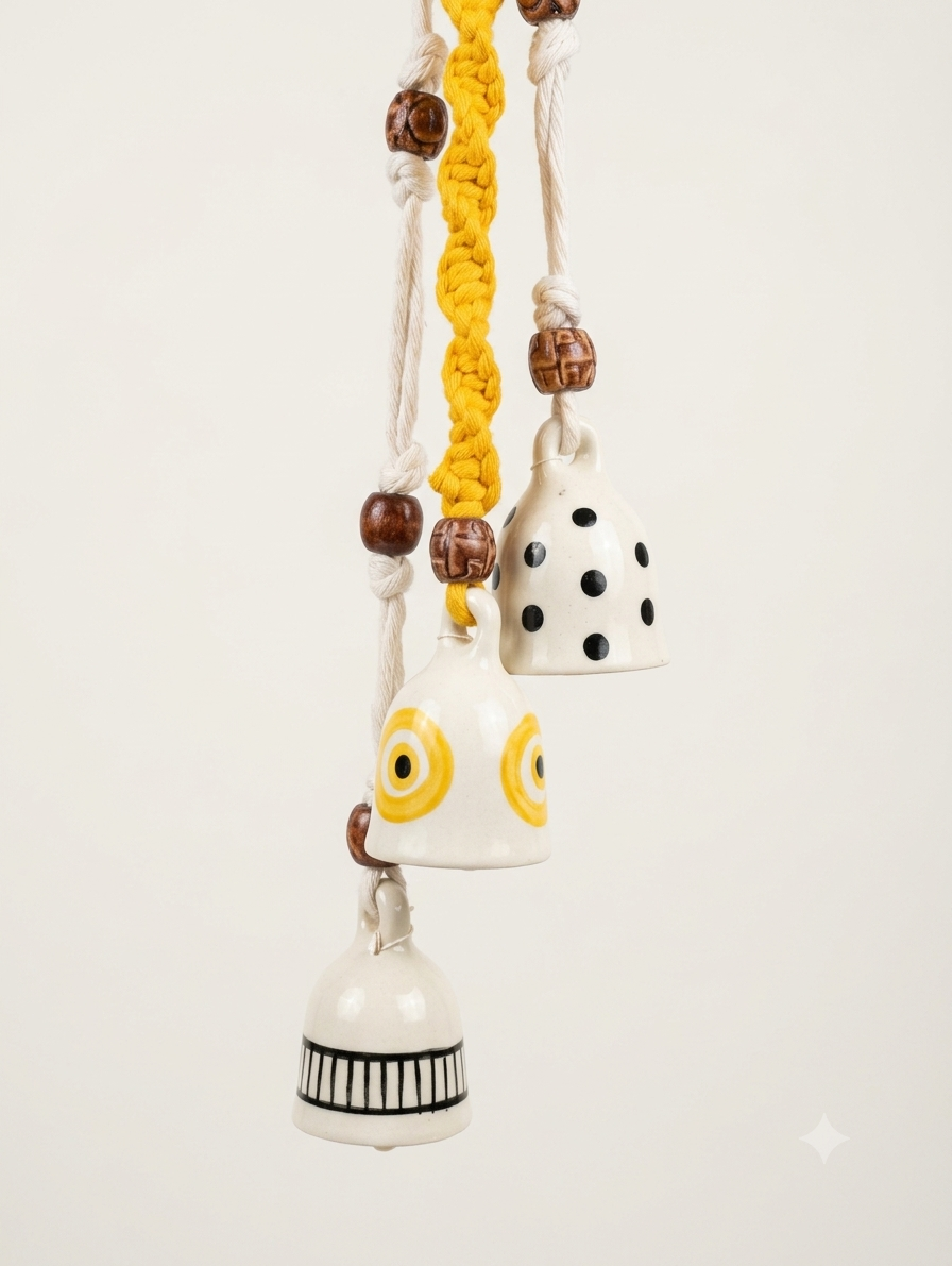 Sunlit Polka Chime Trio Macrame Ceramic Bells