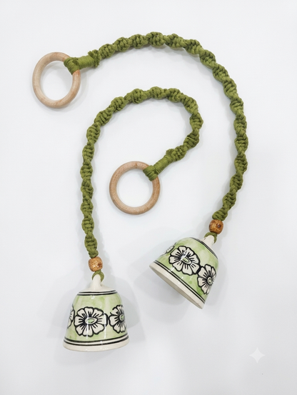 Macrame Ceramic Bells (4 Inch) Green Floral - Set of 2