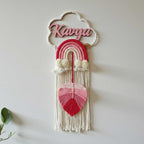 Macrame - Kids Name Plate Cloud With Rainbow & Giant Leaf