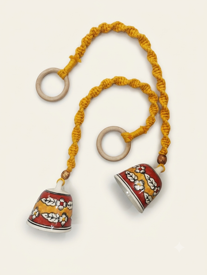 Macrame Ceramic Bells (4 Inch) Red Yellow - Set of 2