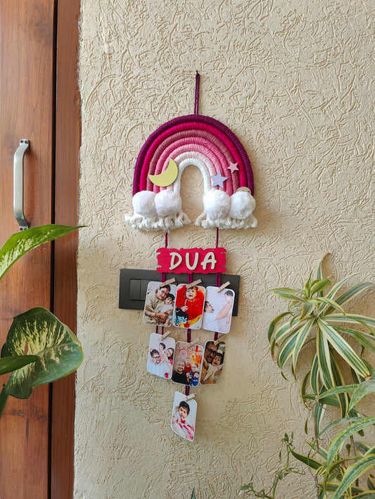Macrame Nameboard - 7 Layer Rainbow with photo hangings
