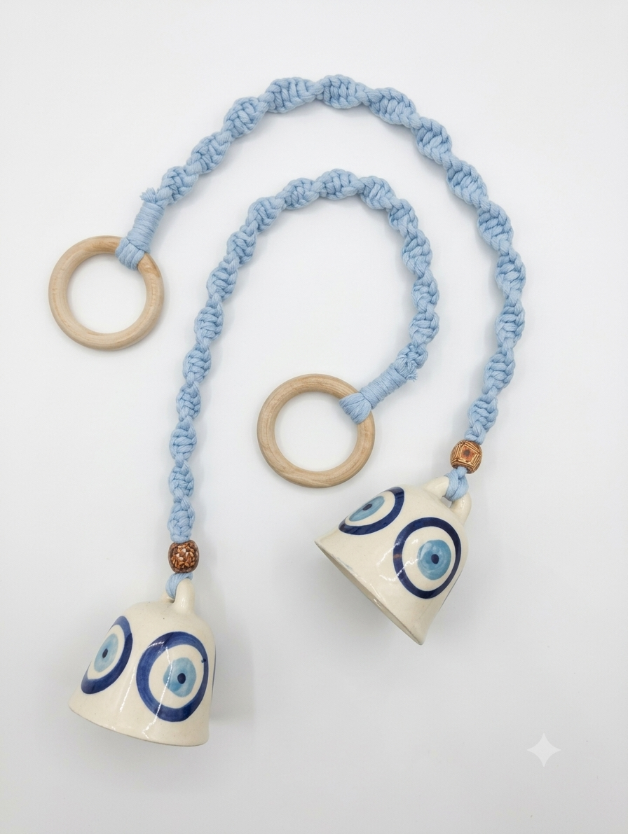 Macrame Ceramic Bells (4 Inch) Evil Eye - Set of 2
