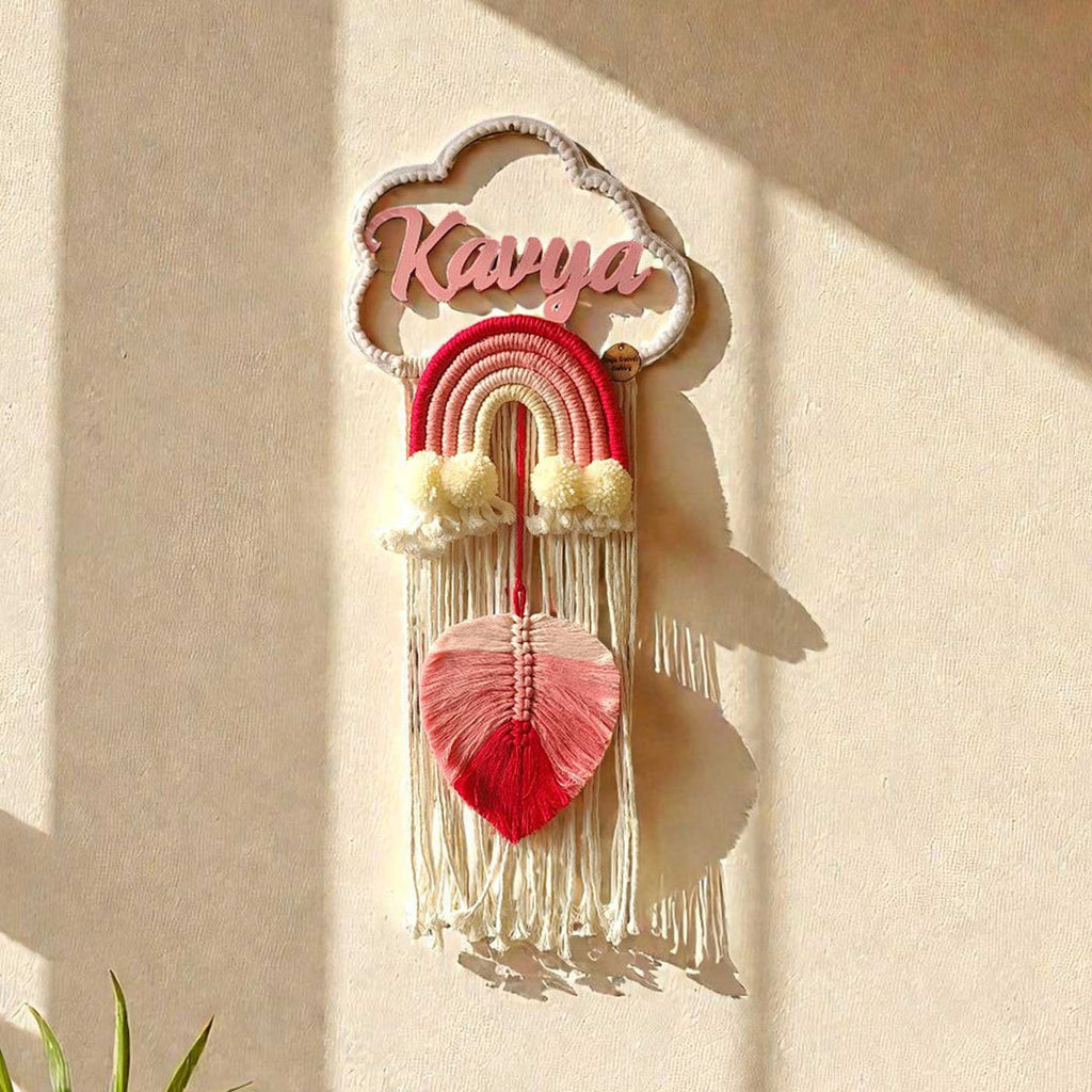 Macrame - Kids Name Plate Cloud With Rainbow & Giant Leaf