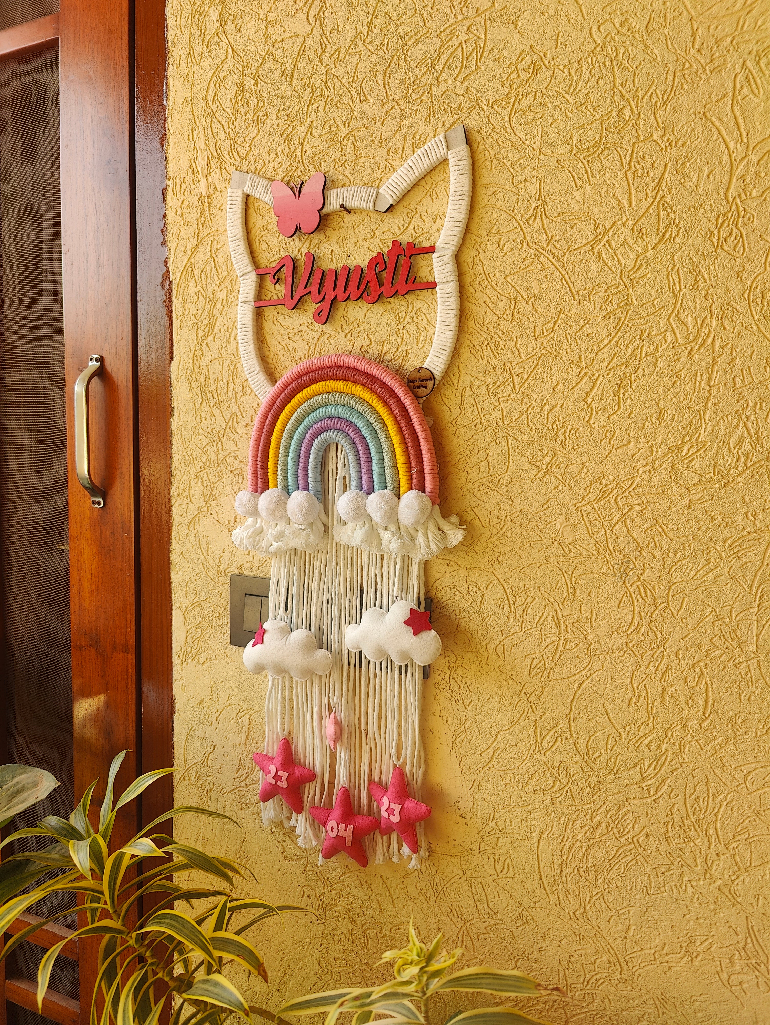 Macrame - Kids Nameplate Kitty Shape with Star Cloud Felt Hangings and DoB